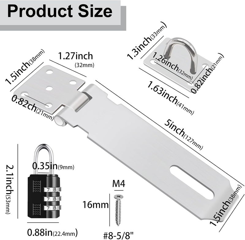Tnisesm 2 Pack Door Hasp Latch Lock with Combination Lock&Keys Lock, 5 Inch 304 Stainless Steel Safety Packlock Clasp Hasp Lock Latch Extra Thick Gate Lock Hasp with Screws Brushed Finish - Image 2
